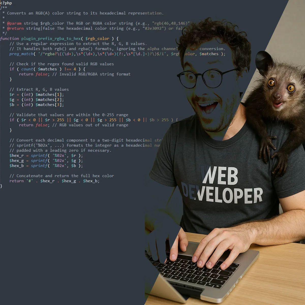 Aye-Aye and developer coding together