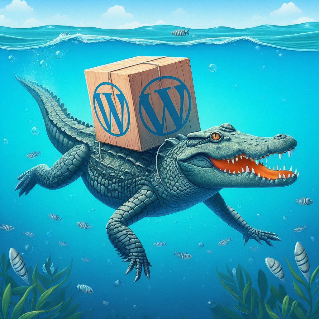 Crocodile swimming in the ocean and carrying WordPress logo on its back