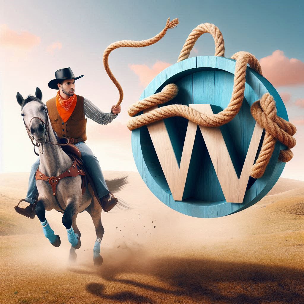 cowboy with a lasso trying to catch a WordPress word