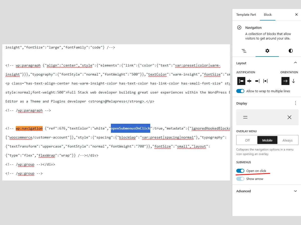 wp:navigation Submenus Open on Click behavior?
